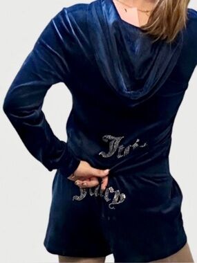 Juicy Couture Velour Tracksuit Hoodie Shorts Set Blue Rhinestone Logo size large